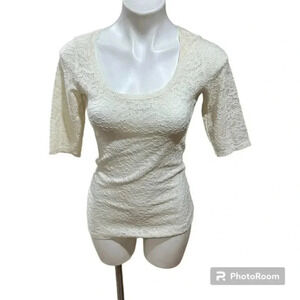 Express Off White Tight Short Sleeve Floral Lace Top Size Small